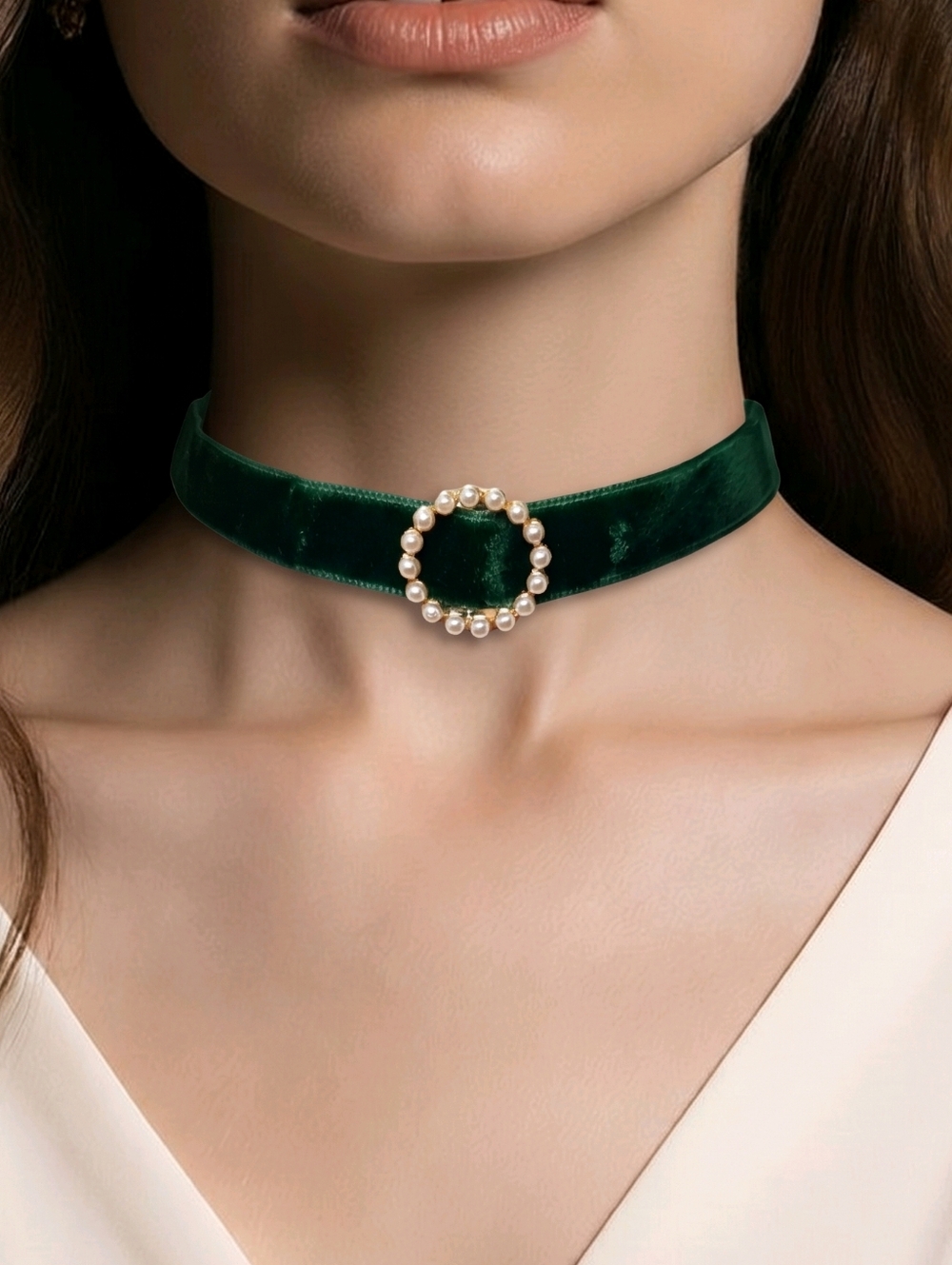 Elegant Green Velvet Choker Classic Pearl Charm Necklace Holiday Romantic Glam